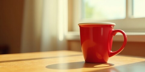 A single red mug with a white rim sits on a wooden table, bathed in the warm glow of sunlight streaming through a nearby window.