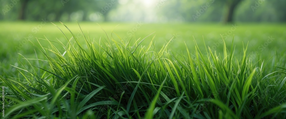 Poster close-up of lush green grass with soft focus background in a sunlit park setting with blurred trees.