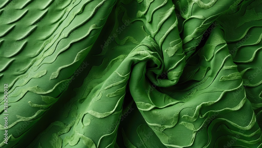 Poster green textured fabric with raised patterns displaying intricate designs and folds in natural light.