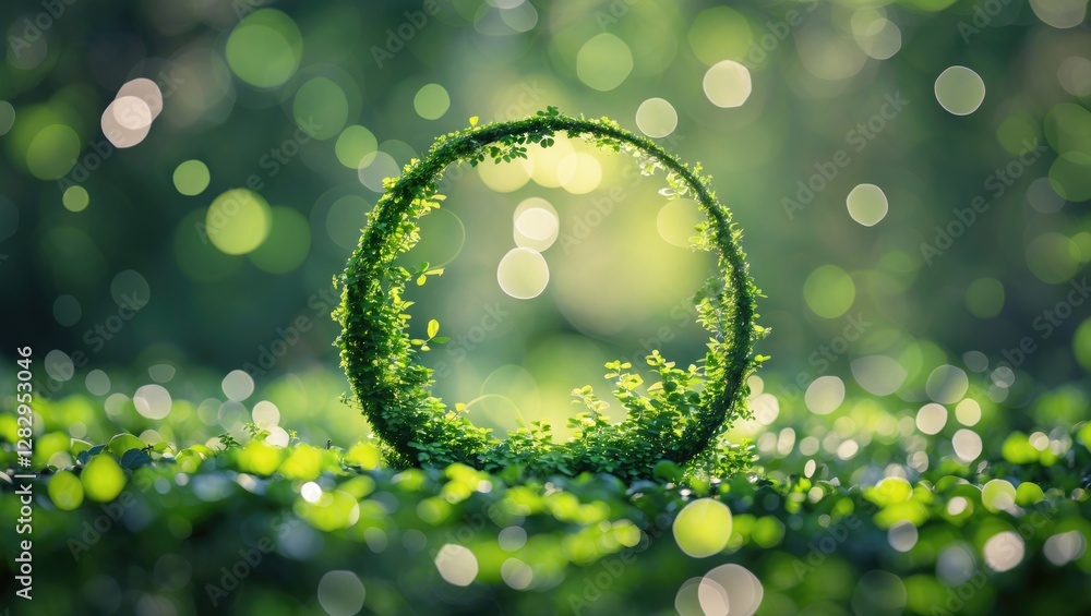 Poster green circular frame made of vines surrounded by blurred lush greenery and soft bokeh lights in a na