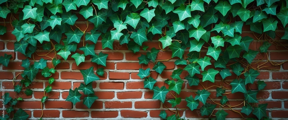 Poster ivy climbing on a red brick wall creating a lush green texture background in a natural setting