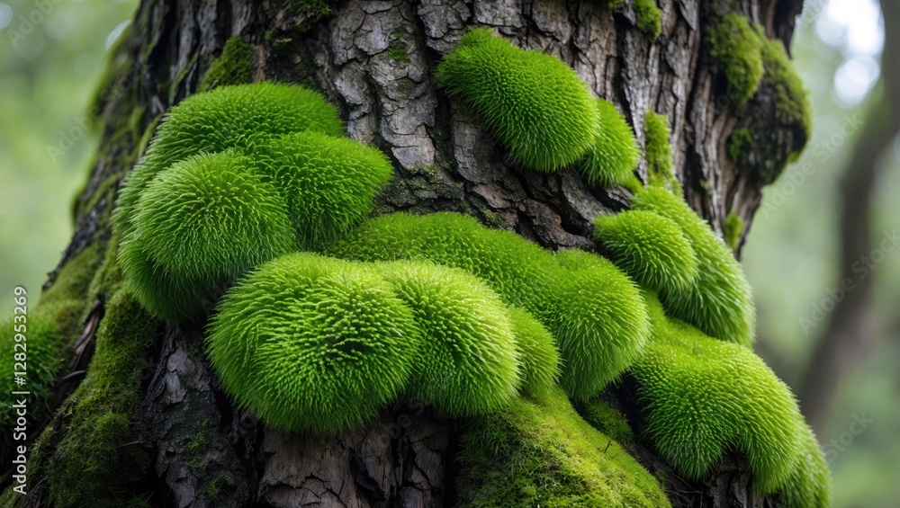 Poster green moss growing on a tree trunk in a forest setting with blurred background and natural light exp
