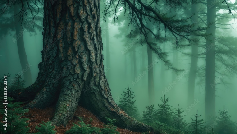 Aufkleber mature pine tree trunk in dense misty forest with green underbrush and soft light creating atmospher