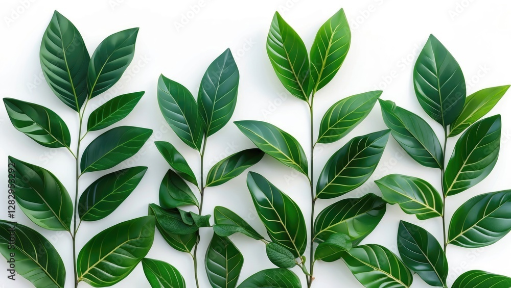 Poster green leaves arranged in a line on a white background showcasing various shapes and sizes of foliage