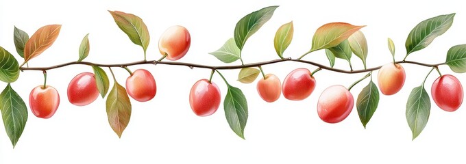 Branch with Oval Red Fruits and Green Leaves Detailed Botanical Illustration for Decoration