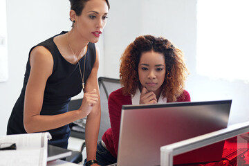 Computer, manager and business women in meeting for online planning, writing proposal and research. Creative, office and people in discussion on pc for article, website and project feedback at desk