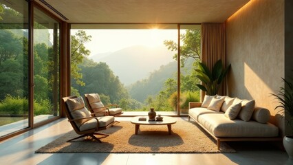 Fototapeta premium Serene Living Room with Expansive View of Lush Green Landscape and Golden Hour Sunlight Streaming Through Floor-to-Ceiling Windows