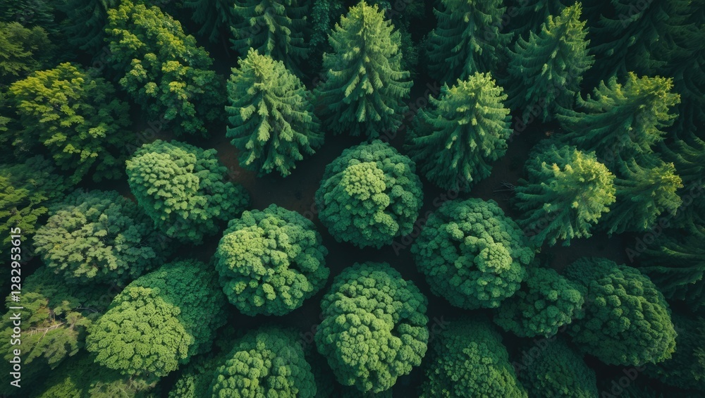 Poster aerial view of dense green forest with various tree types displaying rich foliage and textures in na
