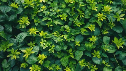 Dense green foliage background featuring various leaves and small plants in natural light