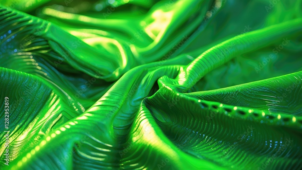 Poster green textured fabric draped in folds with highlights and shadows creating depth and visual interest