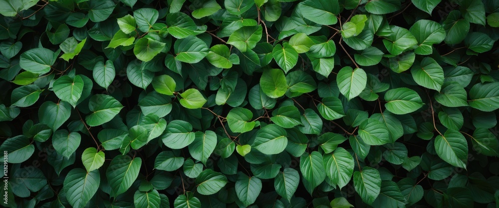 Poster fresh green leaves background with varied shapes and sizes creating a textured pattern nature design