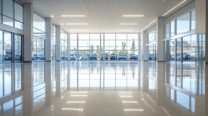Empty dealership with open showroom and polished floors. Featuring modern design and spacious layout