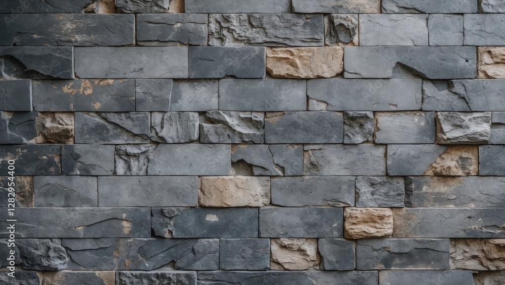 Poster gray and beige stone wall texture with irregular shaped blocks arranged in a geometric pattern for b