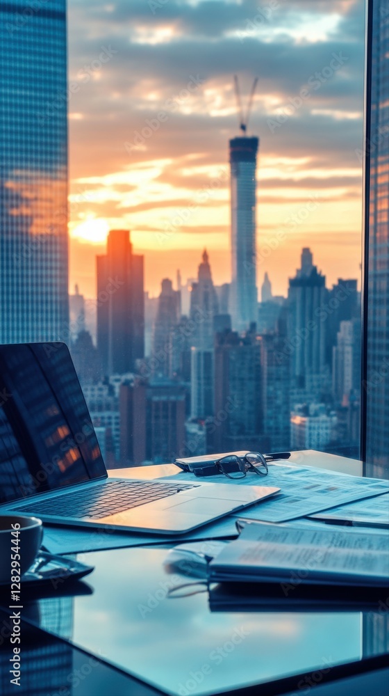Poster a laptop and a cup of coffee sitting on a table in a bright workspace creating an inviting and produ
