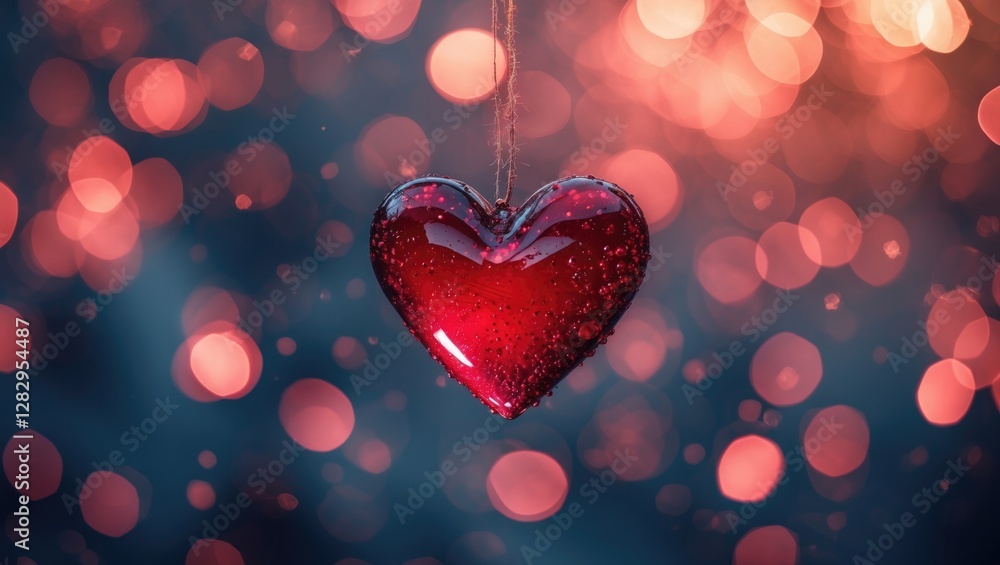Aufkleber red heart decoration with glitter hanging on a string against a blurred background of bokeh lights i