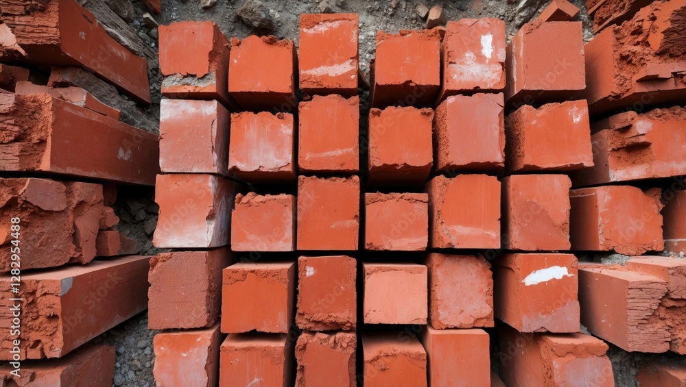Poster stacked red clay bricks arranged on a construction site with uneven surfaces and varying textures.