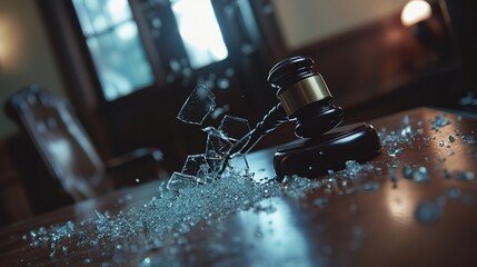 Close-up of a shattered glass gavel on a wooden desk, symbolizing broken justice, with a focus on legal system flaws and courtroom drama concepts.