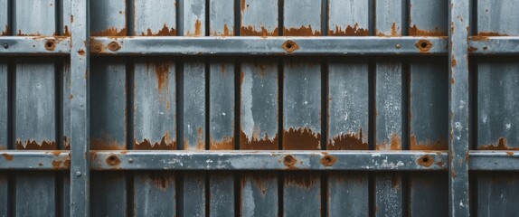 Rusty metal wall texture with weathered blue paint and visible corrosion and peeling areas on a panel surface.