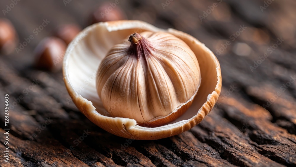 Aufkleber close-up of a garlic bulb placed in a shell on a wooden surface with hazelnuts in the background