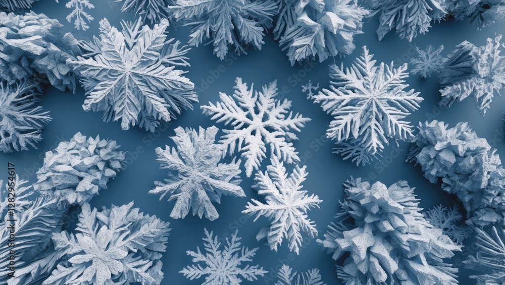 Poster blue snowflakes and ice crystals scattered on a dark background creating a winter-themed texture and