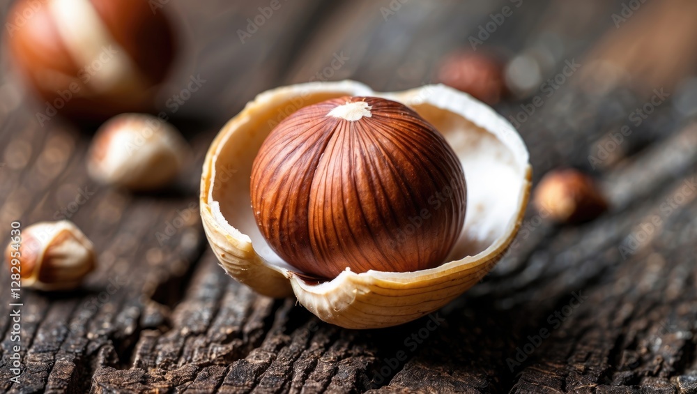 Poster close-up of whole hazelnut in shell on rustic wooden surface with additional hazelnuts scattered aro