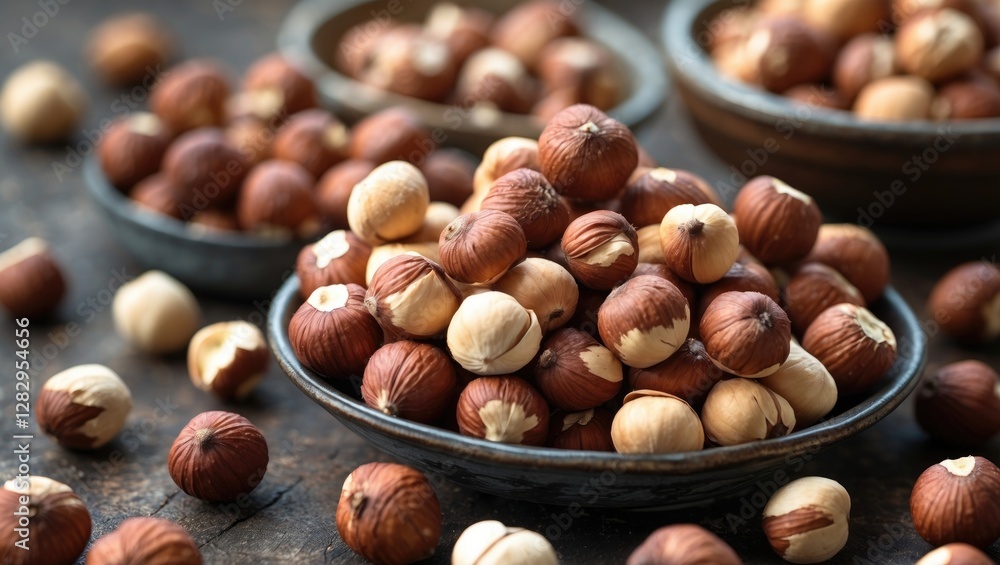 Poster nuts of different varieties spread across rustic wooden table with bowls filled with hazelnuts and f