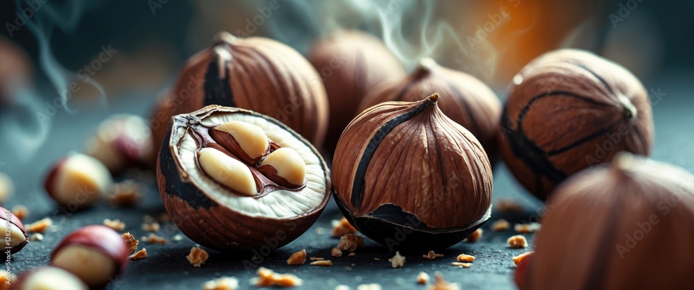 Poster hazelnuts with shells and cracked open revealing nuts inside on dark background with steam and scatt