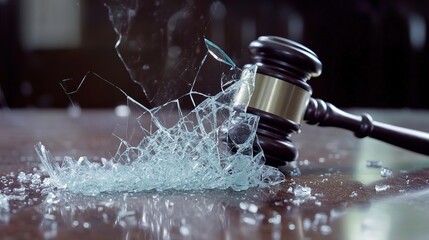 Close-up of a shattered glass gavel on a wooden desk, symbolizing broken justice, with a focus on legal system flaws and courtroom drama concepts.