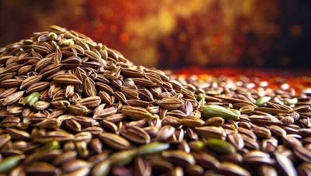 Close-up of assorted cumin and fennel seeds arranged in a scattered pile on textured background with warm colors