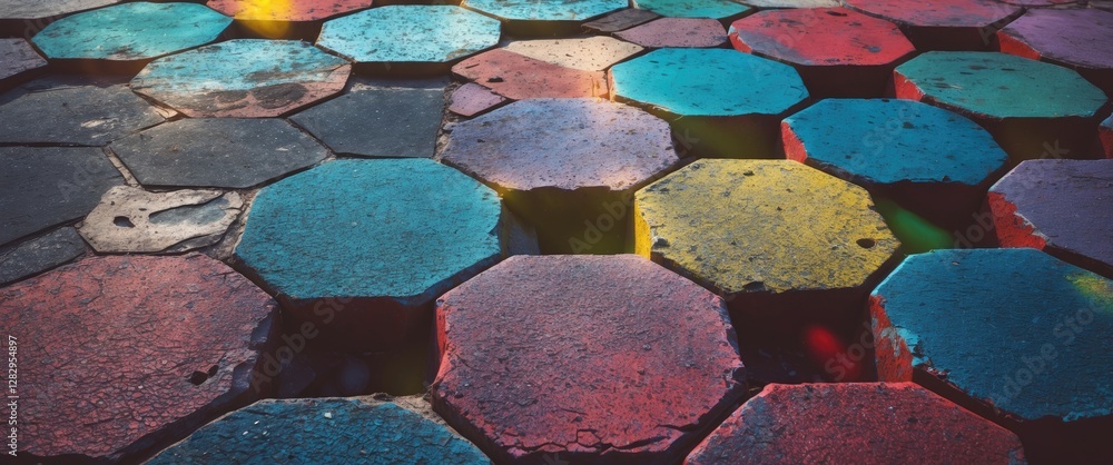 Aufkleber colorful hexagonal patterned pavement with weathered surfaces and a mix of vibrant hues creating a s