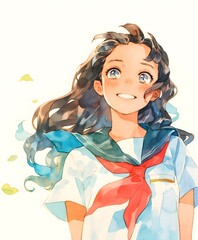 Happy smiling school girl, long hair fluttering in the wind, watercolor painting, Generative AI