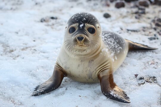 A baby seal resting on an icy shore, tiny flippers pressed against the snow