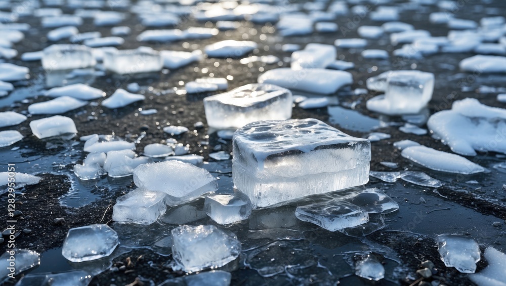 Poster scattered ice cubes and shards on a wet surface reflecting sunlight in a cold environment