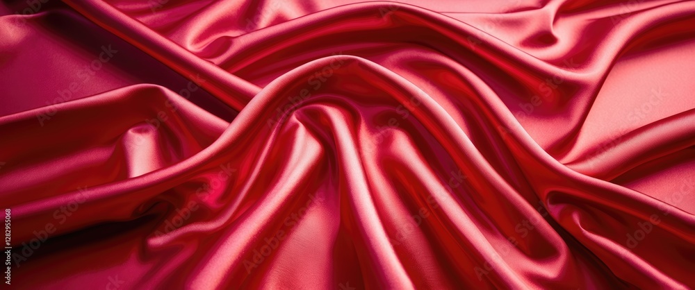 Poster red satin fabric texture with smooth, flowing folds and creases illuminated by light, creating a ric