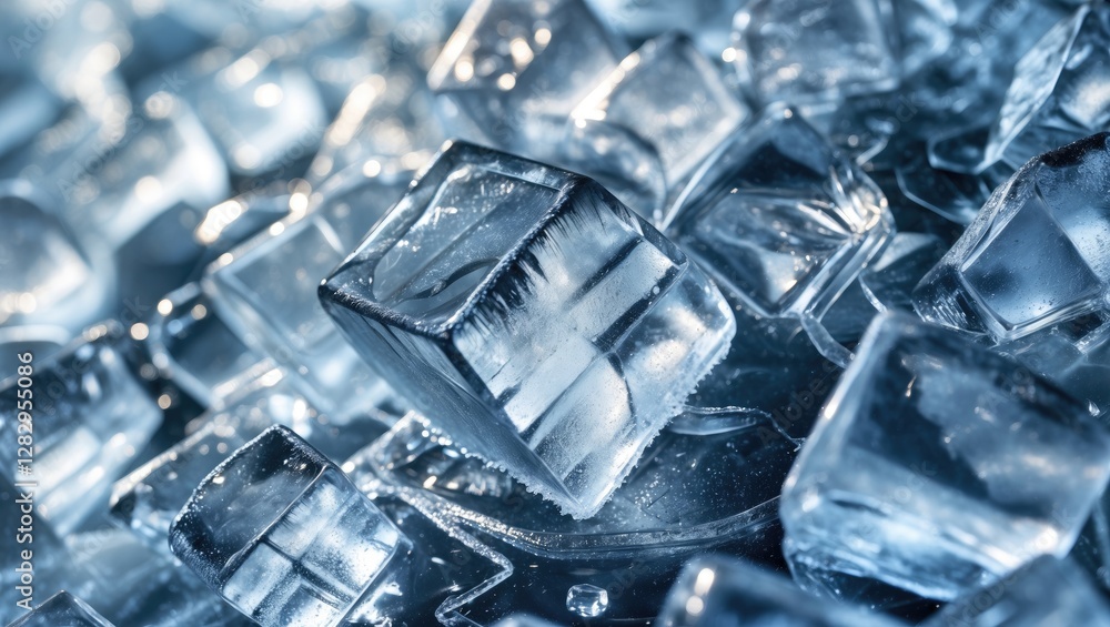Poster close-up of clear ice cubes stacked on a surface with reflections and light highlights creating a te