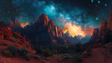Anime-inspired Zion National Park at night, towering red cliffs under a celestial sky glowing with vivid stars, intricate textures on rocks, soft cool lighting enhancing the mystical vibe. --ar 16:9