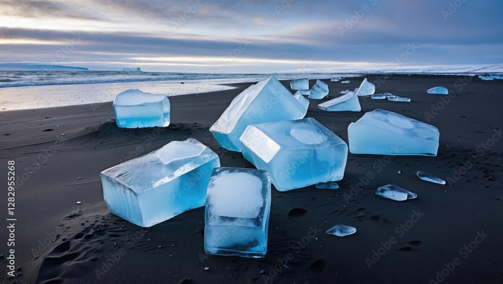 Poster ice blocks on a black sand beach with ocean waves in the background during twilight under a cloudy s