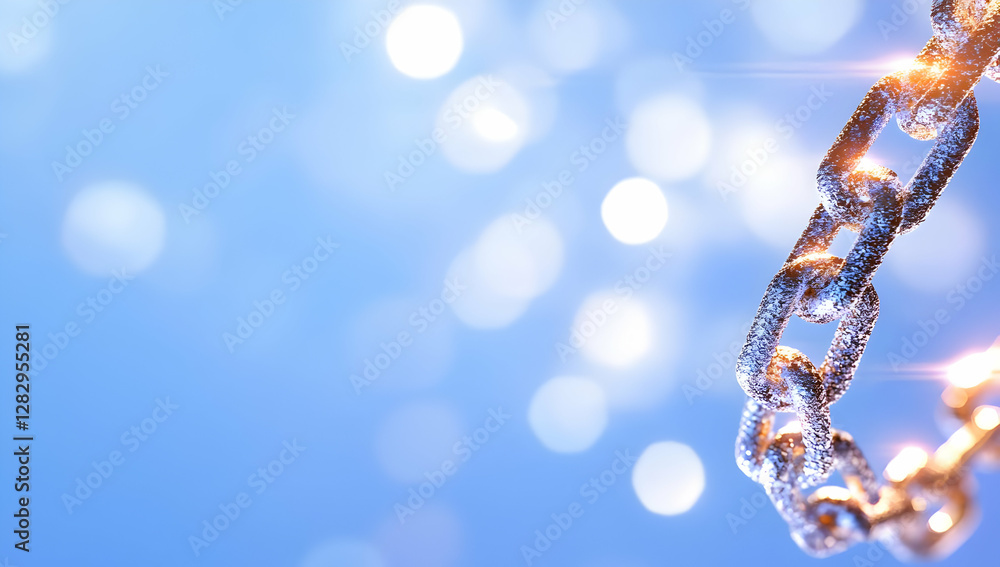Poster sparkling silver chain links against a blurred blue bokeh background; ideal for concepts of connecti