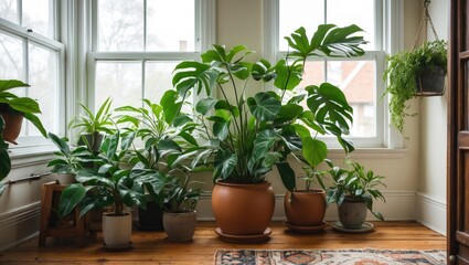 Fototapeta premium Interior room with large green houseplants in various pots near window with natural light and wooden floor