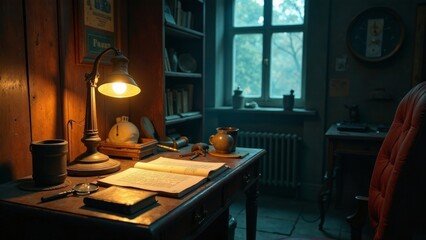 Illuminated Antique Desk with Open Book and Vintage Accessories in a Dark Room
