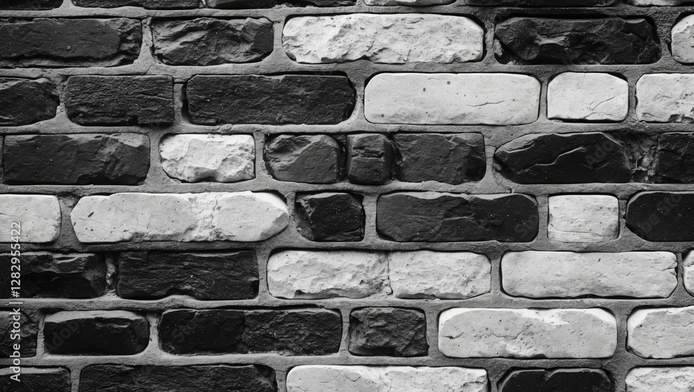 Poster black and white brick wall texture background with varying sizes of rectangular stones arranged in a