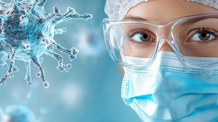 female doctor in mask and HMPV Human metapneumovirus. Virus molecule coronavirus cells virus particle medical research imagery