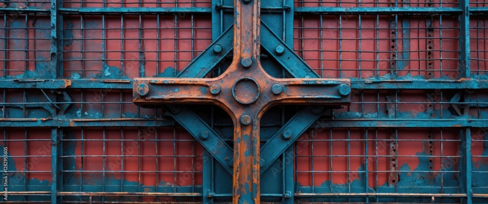 Poster rusty industrial metal structure with blue and red paint textures and grid pattern background.