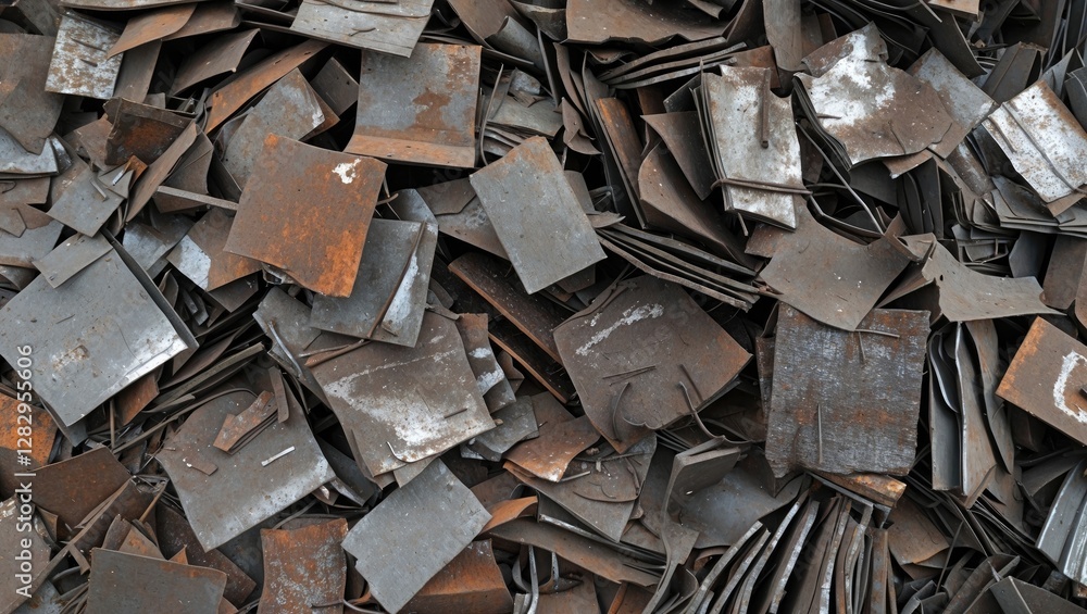Poster detailed close-up of various metal sheet scraps with rust and wear, overlapping and creating a textu