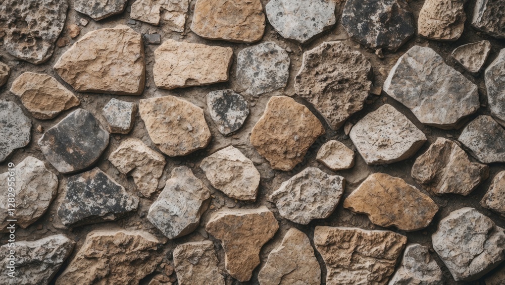 Poster textured background of unevenly shaped and sized natural stones in various shades of brown and gray 