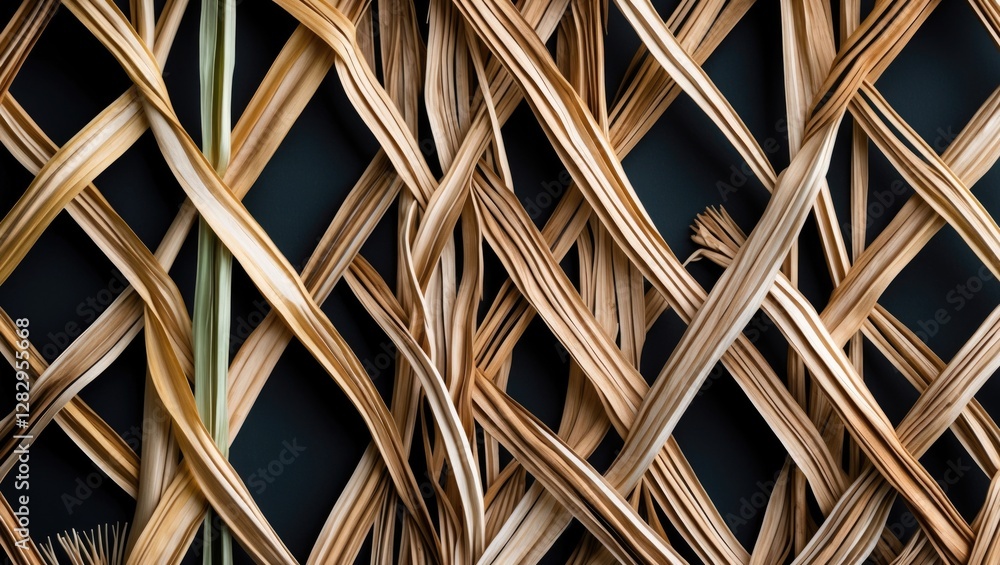 Poster woven rattan or bamboo strips creating intricate patterns on a dark background in a close-up view