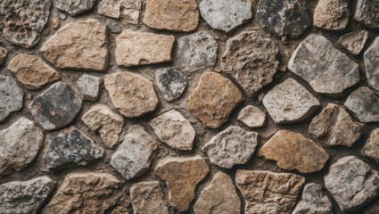 Fototapeta premium Textured background of unevenly shaped and sized natural stones in various shades of brown and gray arranged in a structured pattern