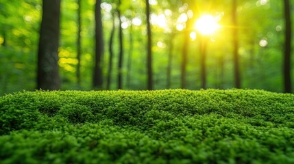 Naklejka premium Sunrise Moss Forest Nature Background