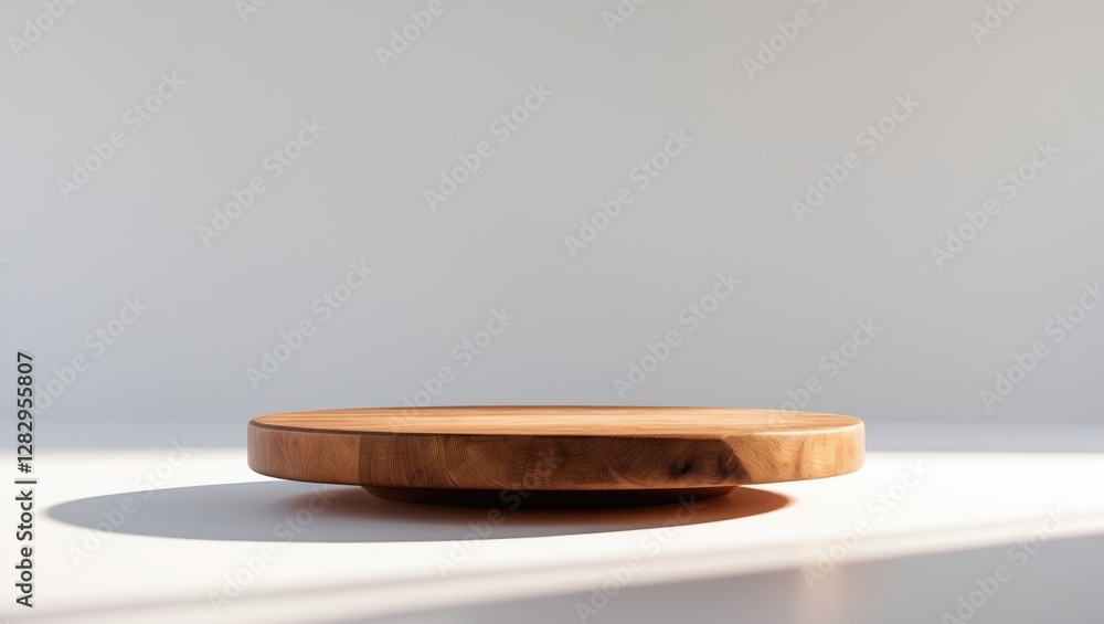 Poster wooden serving platter on a light surface with soft shadows and minimalistic background in natural l