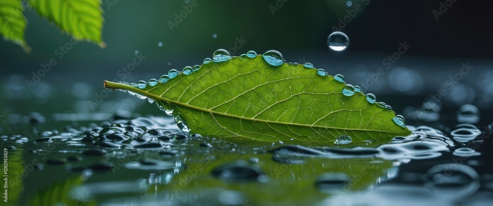 Aufkleber close-up of green leaf with water droplets resting on surface of still water with reflections and ad